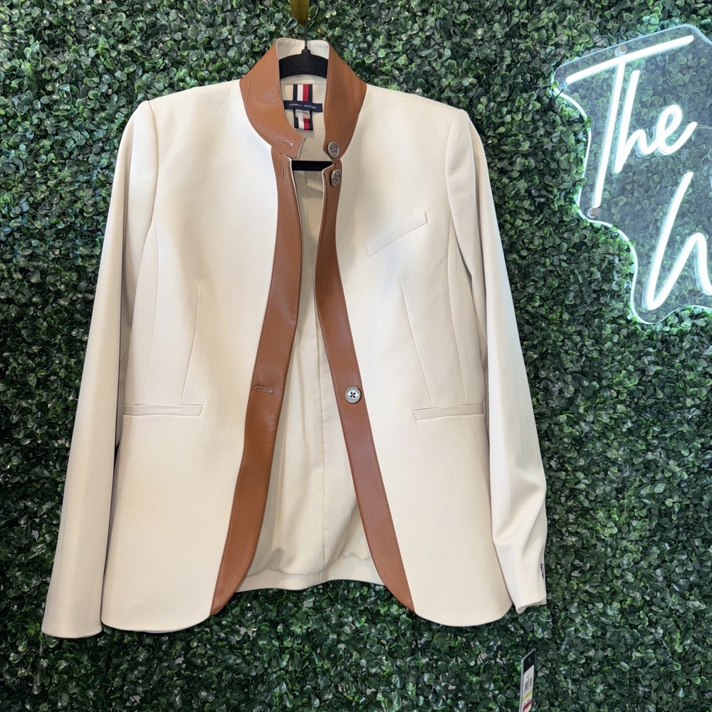 Tommy Hilfiger womens Faux-Leather-Trim Riding Jacket Blazer -size 4 -Flax Beige